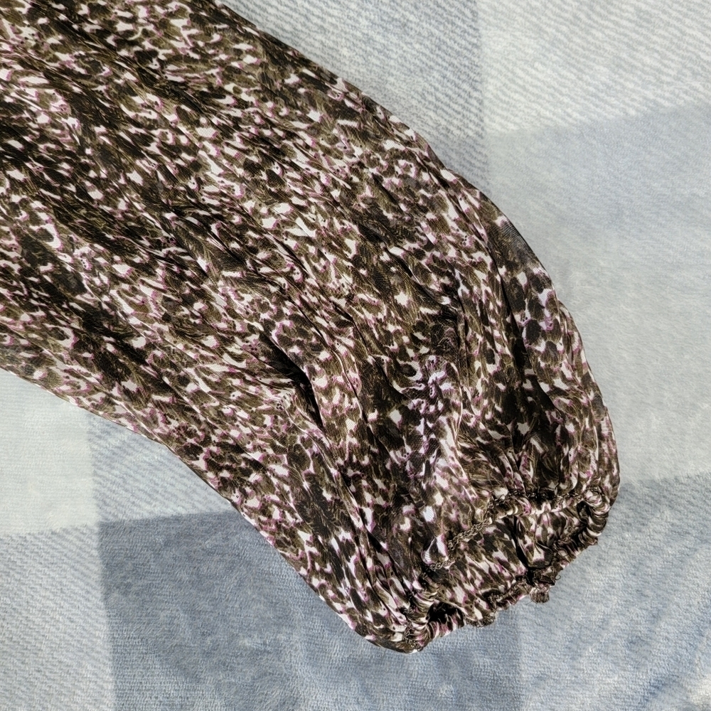 Max Studio Brown Purple Sheer Lined Chiffon Dress Balloon Sleeve Size Medium - Picture 6 of 11